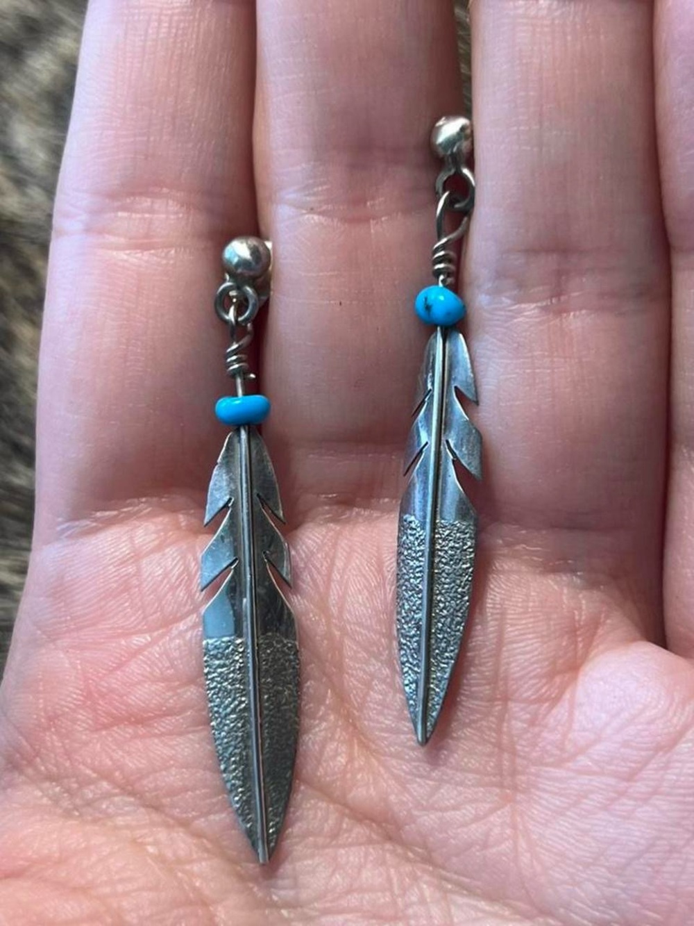 Sterling silver Native American sharp and long feather drop earrings
